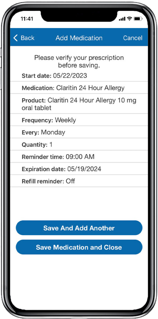 Medication reminder view on the HandsFree Health app showing the medication type and reminder frequency
