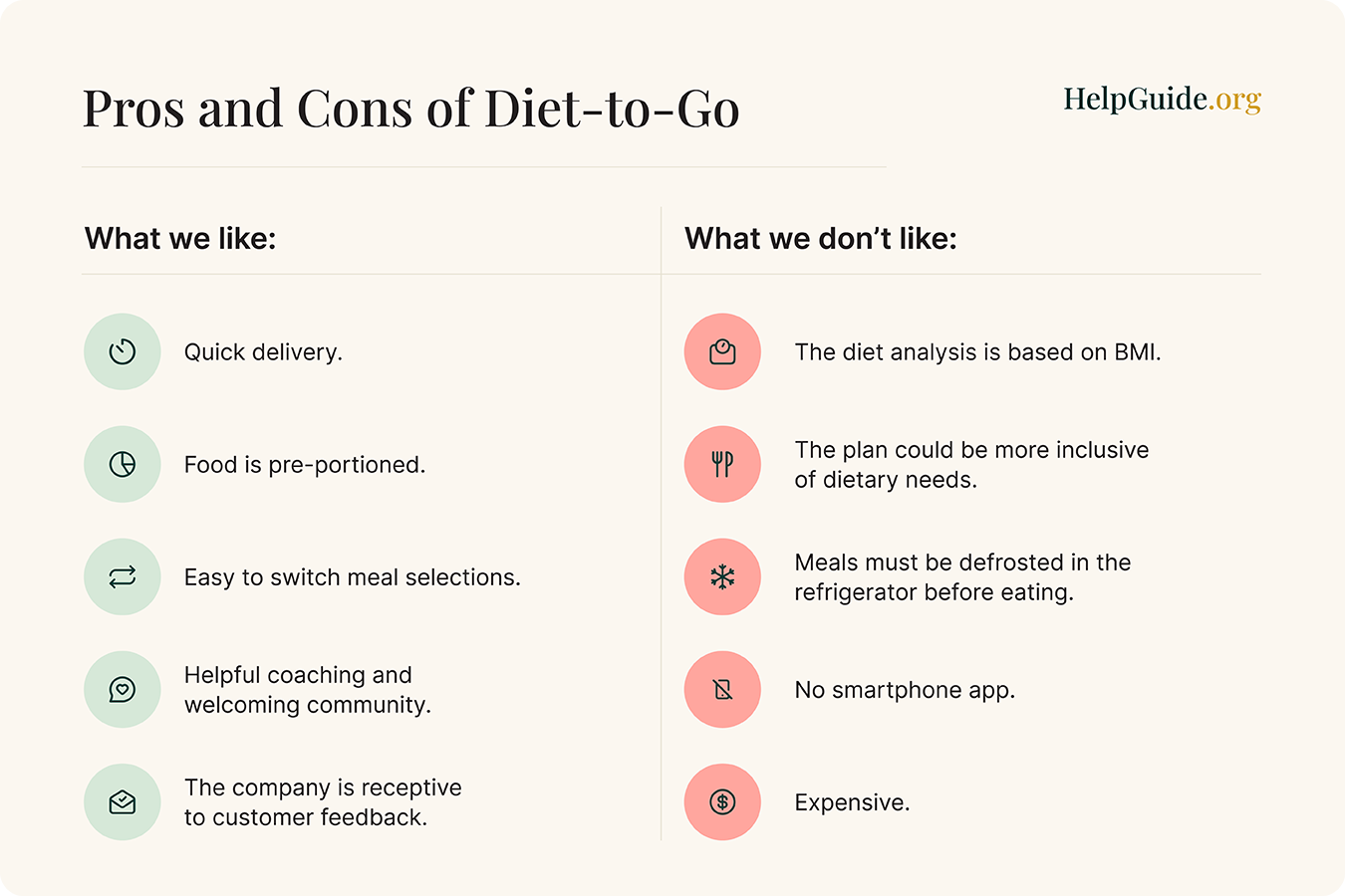 A list of pros and cons of the Diet-to-Go brand
